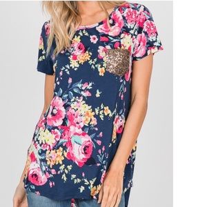 Sequin Front Pocket Floral Navy Plus Tunic Tee!